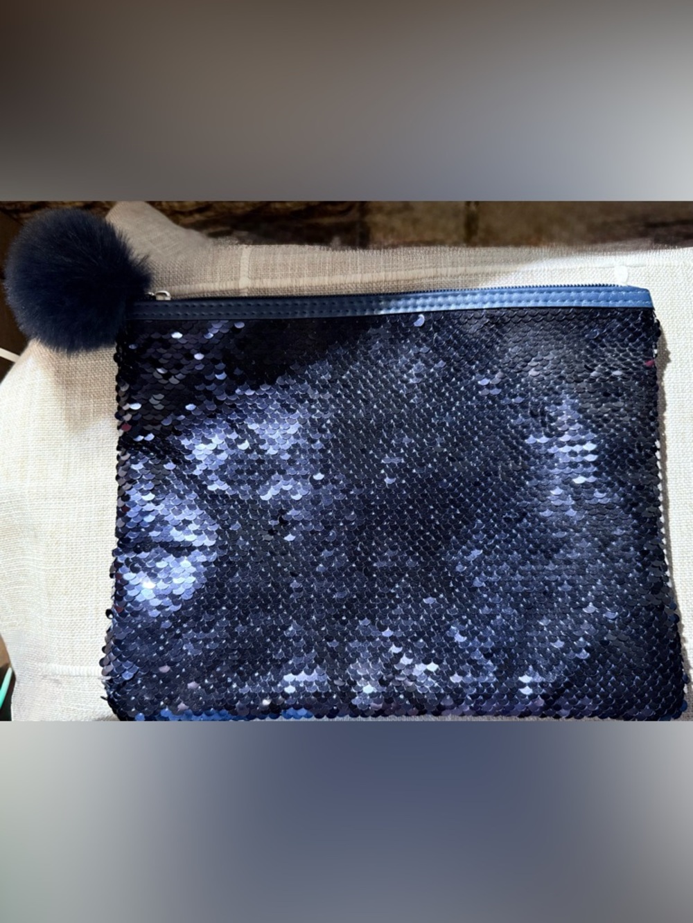 Sequined Clutch Bag in Midnight Blue with Fur Pom Pom Zipper Pull
